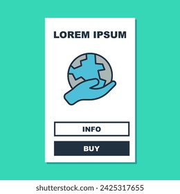 Filled outline Human hand holding Earth globe icon isolated on turquoise background. Save earth concept.  Vector