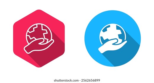 Filled and outline Human hand holding Earth globe icon isolated with long shadow background. Save earth concept.  Vector