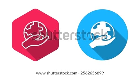 Filled and outline Human hand holding Earth globe icon isolated with long shadow background. Save earth concept.  Vector