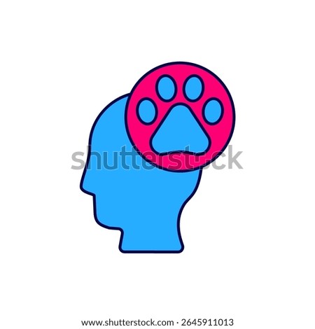 Filled outline Human head with animals footprint icon isolated on white background. Pet paw in heart. Love to the animals.  Vector