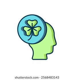 Filled outline Human head with clover trefoil leaf icon isolated on white background. Happy Saint Patricks day. National Irish holiday. Flat filled outline style with shadow. Vector