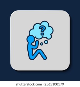 Filled outline Human head with question mark icon isolated on blue background.  Vector