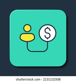 Filled outline Human and money icon isolated on blue background. Concept of attracting investments. Big business profit attraction and success. Turquoise square button. Vector
