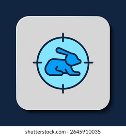 Filled outline Hunt on rabbit with crosshairs icon isolated on blue background. Hunting club logo with rabbit and target. Rifle lens aiming a hare.  Vector