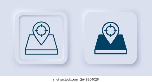 Filled and outline Hunt place icon isolated on grey background. Navigation, pointer, location, map, gps, direction, place, compass, contact, search. Square button. Vector