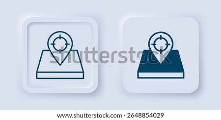 Filled and outline Hunt place icon isolated on grey background. Navigation, pointer, location, map, gps, direction, place, compass, contact, search. Square button. Vector