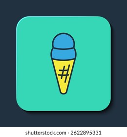 Filled outline Ice cream in waffle cone icon isolated on blue background. Sweet symbol. Turquoise square button. Vector