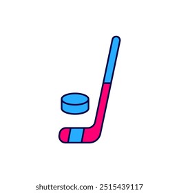 Filled outline Ice hockey stick and puck icon isolated on white background.  Vector