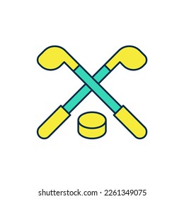 Filled outline Ice hockey sticks and puck icon isolated on white background. Game start.  Vector