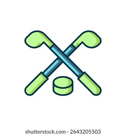Filled outline Ice hockey sticks and puck icon isolated on white background. Game start. Flat filled outline style with shadow. Vector