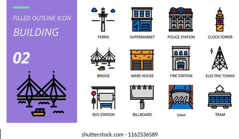 Filled outline icon building pack for birthday party,ferris,supermarket,police station,clock tower,bridge,ware house,fire station, electric tower,bus station