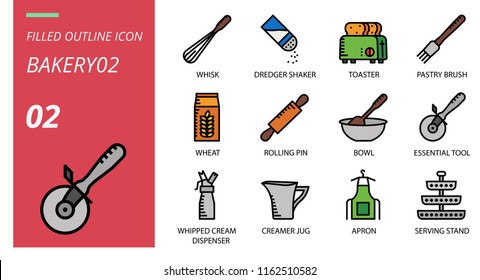 Filled outline icon pack for bakery, whisk, dredger shaker, toaster, pastry brush, wheat, rolling pin, bowl, essential tool, whipped cream dispenser, creamer jug, apron, serving stand-whisk, dredger s