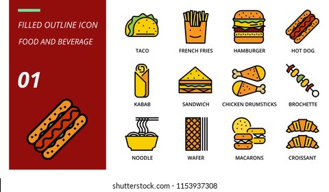 filled outline icon pack for food and beverage, taco, french fries, hamburger, hot dog, kebab, sandwich, chicken drumsticks, brochette, noodle, wafer, macrons, croissant, food, beverage.