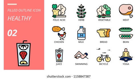filled outline icon pack for hygiene routine, folic acid, herb, vegetable, meat, chicken, milk, bread, bean, juice, swimming, bicycle, yoga.