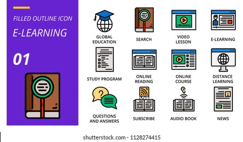 filled outline icon pack . Icons for education, e-learning, study online,for websites and mobile websites and apps.