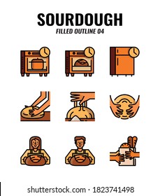 Filled outline icon set of homemade sourdough bread baking kit and process. icons set4