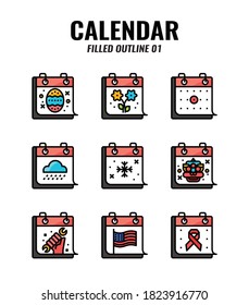Filled outline icon set of memorial and holiday calendar. icons set1