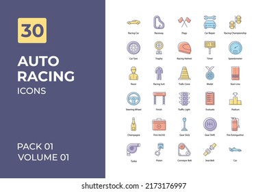 Filled outline icons set - auto racing sport icons 