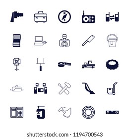  filled and outline icons such as connected phone, camera zoom, audio system, goal post. editable equipment icons for web and mobile.