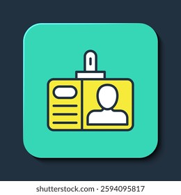 Filled outline Identification badge icon isolated on blue background. It can be used for presentation, identity of the company, advertising. Turquoise square button. Vector