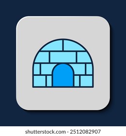 Esquema lleno Icono de la casa de hielo Igloo aislado sobre fondo azul. Casa de nieve, refugio de invierno en forma de cúpula esquimal, hecho de bloques.  Vector