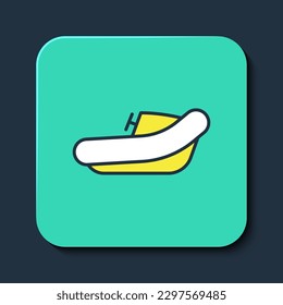 Filled outline Inflatable boat with outboard motor icon isolated on blue background. Turquoise square button. Vector