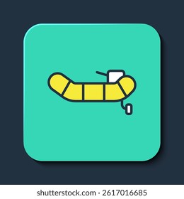 Filled outline Inflatable boat with outboard motor icon isolated on blue background. Turquoise square button. Vector