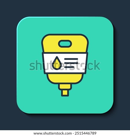 Filled outline IV bag icon isolated on blue background. Blood bag. Donate blood concept. The concept of treatment and therapy, chemotherapy. Turquoise square button. Vector