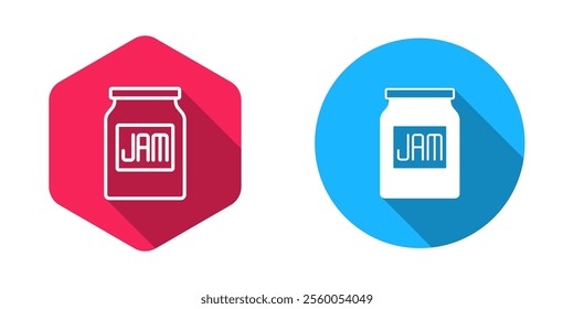 Filled and outline Jam jar icon isolated with long shadow background.  Vector