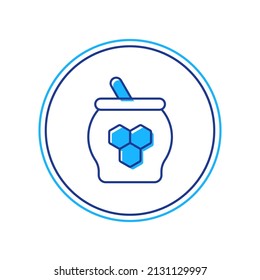 Filled outline Jar of honey and honey dipper stick icon isolated on white background. Food bank. Sweet natural food symbol. Honey ladle.  Vector