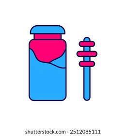 Filled outline Jar of honey and honey dipper stick icon isolated on white background. Food bank. Sweet natural food symbol. Honey ladle.  Vector