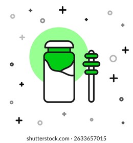 Filled outline Jar of honey and honey dipper stick icon isolated on white background. Food bank. Sweet natural food symbol. Honey ladle.  Vector