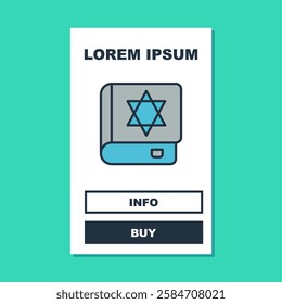 Filled outline Jewish torah book icon isolated on turquoise background. On the cover of the Bible is the image of the Star of David.  Vector