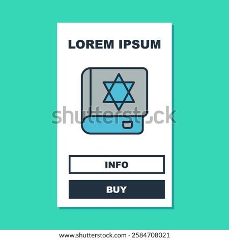 Filled outline Jewish torah book icon isolated on turquoise background. On the cover of the Bible is the image of the Star of David.  Vector