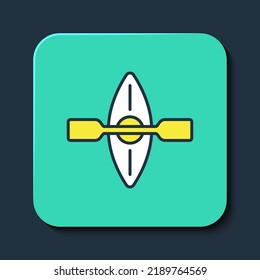 Filled outline Kayak and paddle icon isolated on blue background. Kayak and canoe for fishing and tourism. Outdoor activities. Turquoise square button. Vector