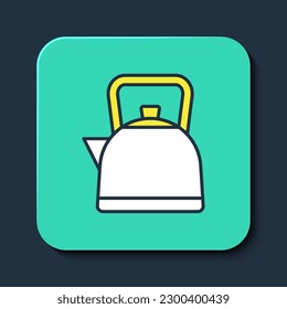 Filled outline Kettle with handle icon isolated on blue background. Teapot icon. Turquoise square button. Vector
