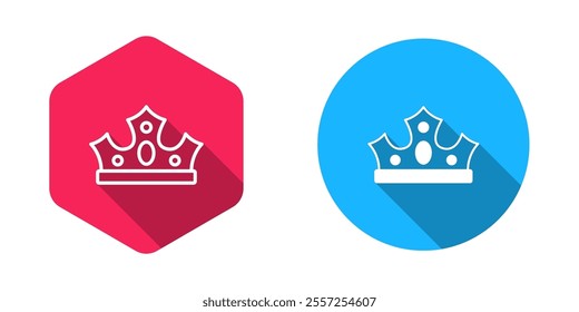 Filled and outline King crown icon isolated with long shadow background.  Vector