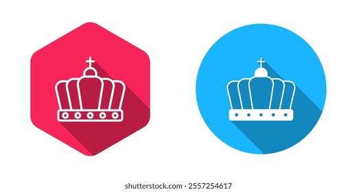 Filled and outline King crown icon isolated with long shadow background.  Vector