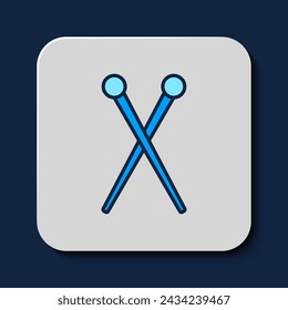 Gefüllte Kontur Stricknadeln Symbol isoliert auf blauem Hintergrund. Etikett für Handarbeit, Strick- oder Schneiderei.  Vektor