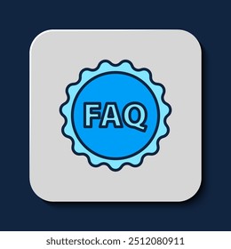Filled outline Label with text FAQ information icon isolated on blue background. Circle button with text FAQ.  Vector