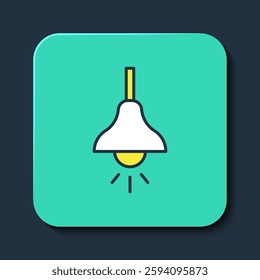 Filled outline Lamp hanging icon isolated on blue background. Ceiling lamp light bulb. Turquoise square button. Vector