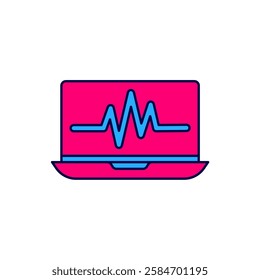 Filled outline Laptop with cardiogram icon isolated on white background. Monitoring icon. ECG monitor with heart beat hand drawn.  Vector