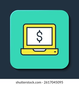 Filled outline Laptop with dollar icon isolated on blue background. Sending money around the world, money transfer, online banking, financial transaction. Turquoise square button. Vector