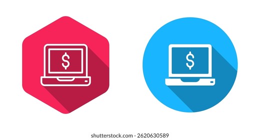 Filled and outline Laptop with dollar icon isolated with long shadow background. Sending money around the world, money transfer, online banking, financial transaction.  Vector
