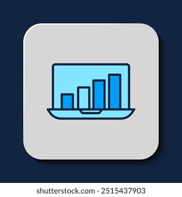 Filled outline Laptop with graph chart icon isolated on blue background. Report text file icon. Accounting sign. Audit, analysis, planning.  Vector