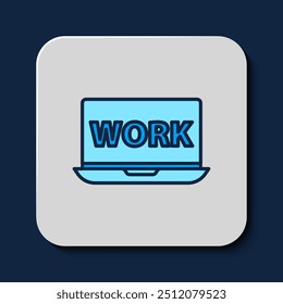 Portátil con el icono del trabajo del texto aislado en el fondo azul.  Vector