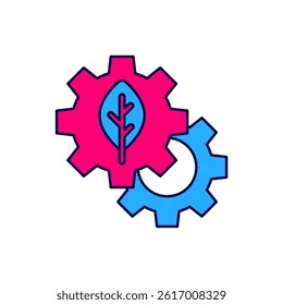 Filled outline Leaf plant ecology in gear machine icon isolated on white background. Eco friendly technology. World Environment day label.  Vector
