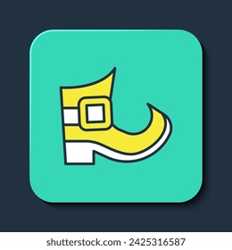 Filled outline Leprechaun boot icon isolated on blue background. Happy Saint Patricks day. National Irish holiday. Turquoise square button. Vector
