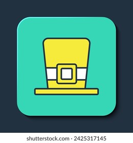 Filled outline Leprechaun hat icon isolated on blue background. Happy Saint Patricks day. National Irish holiday. Turquoise square button. Vector