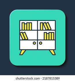 Filled outline Library bookshelf icon isolated on blue background. Turquoise square button. Vector